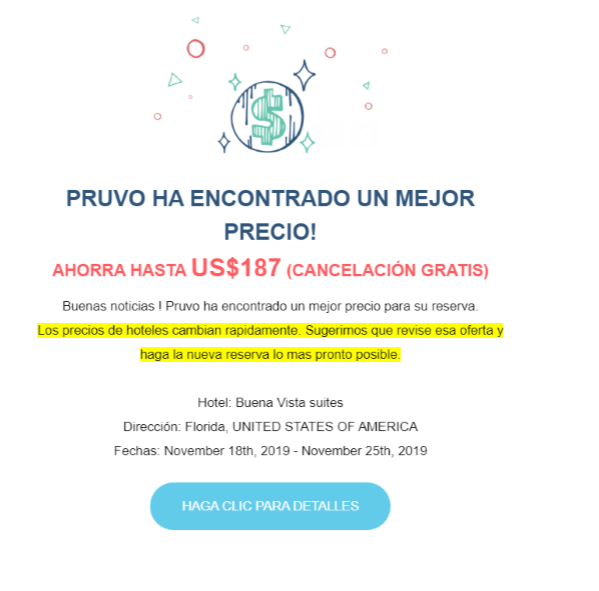Aviso que Pruvo ha encontrado un mejor precio de hotel
