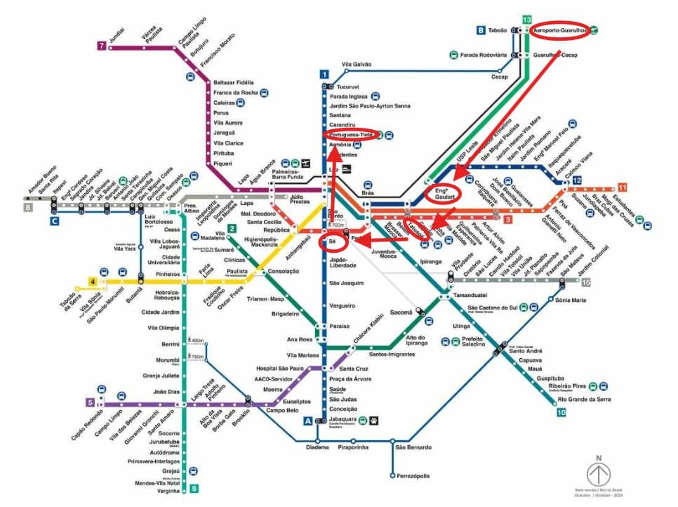 Mapa de tren y metro para ir del aeropuerto de Guarulhos hasta la rodoviaria de Tiete con conexiones.