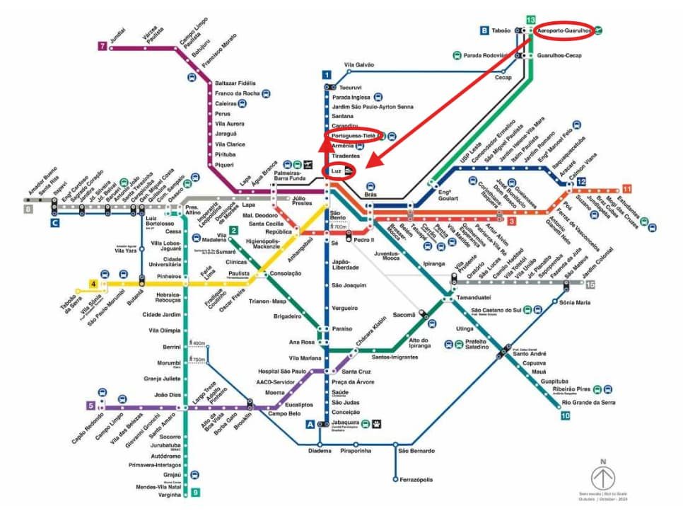 Mapa de tren y metro para ir del aeropuerto de Guarulhos hasta Tieté directo.