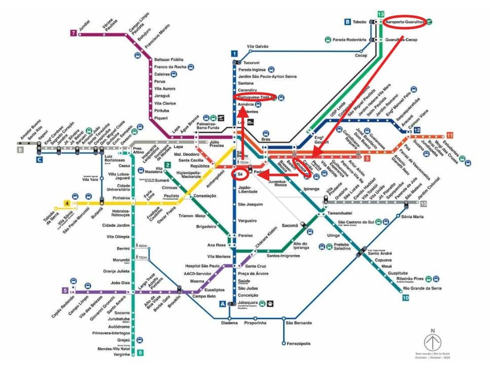 Mapa de tren y metro para ir del aeropuerto de Guarulhos a Tiete usando ómnibus.